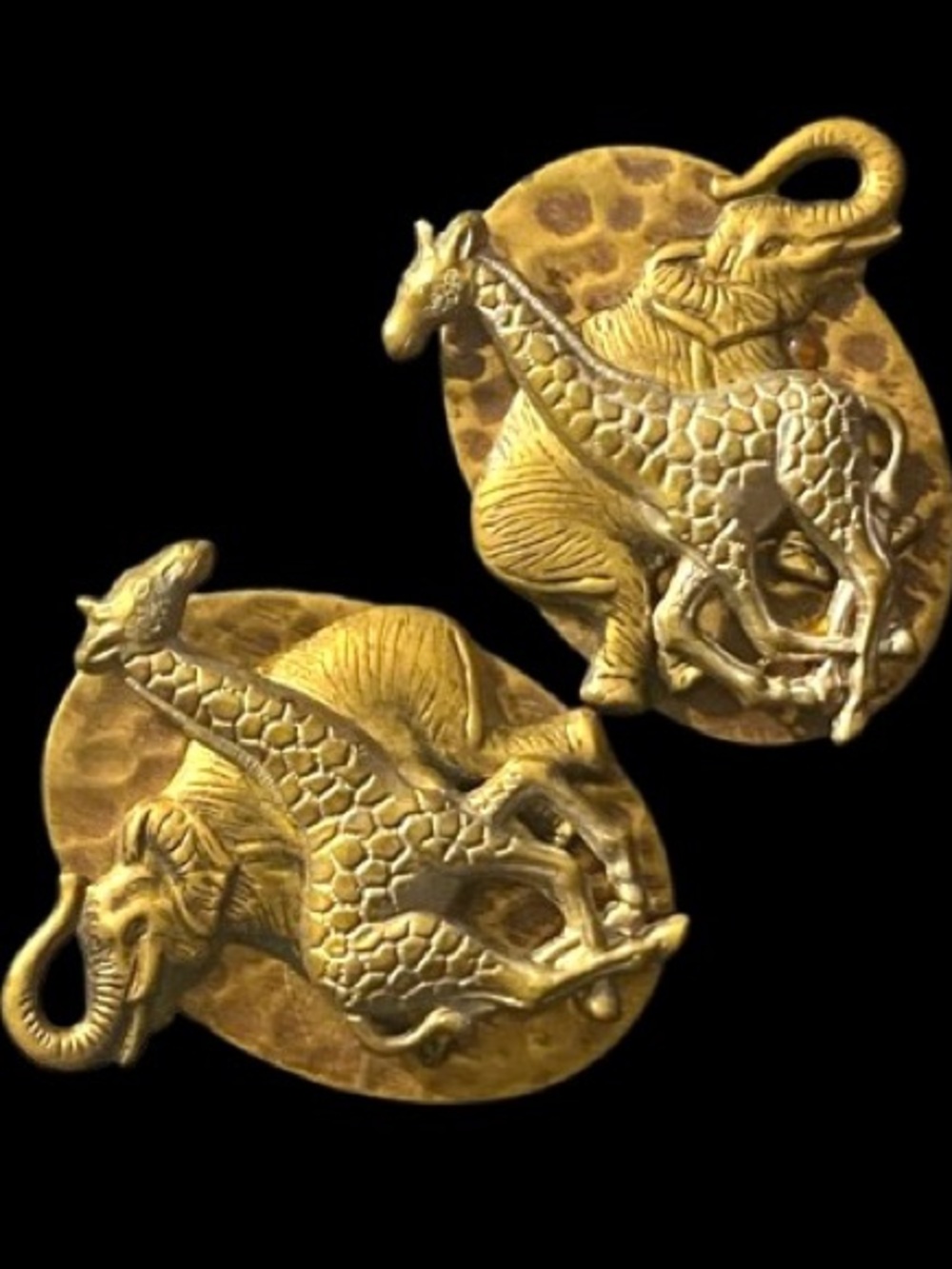 Vintage 3D Raised Safari-themed Metal Pierced Earrings Giraffe & Elephant Brass